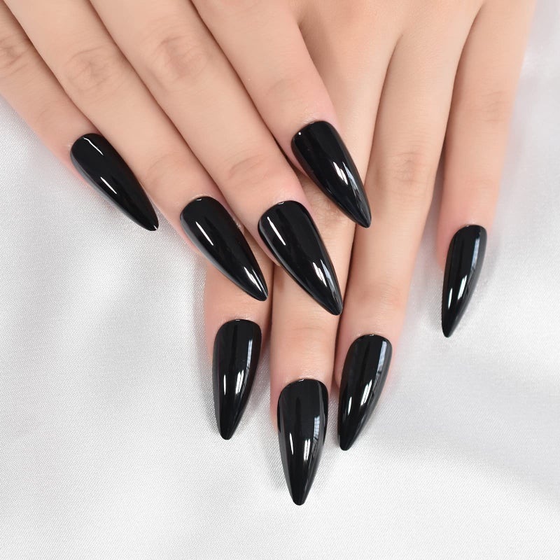 EchiQ Sharp Pointed Fake Nails Black Gelnails Medium-Long Size Real Stiletto Point Acrylic Nail Tips 24 - Image 1